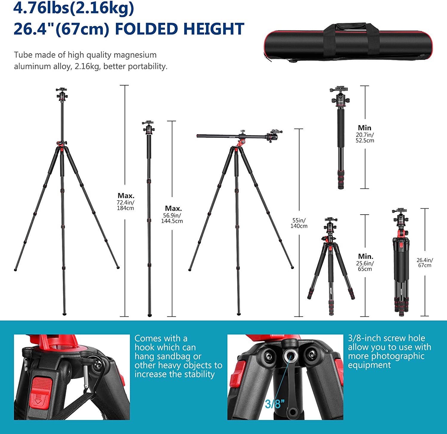 NEEWER outlet 72 inch Camera Tripod Monopod with Center Column and Ball Head